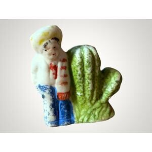 Vintage Mexican Boy Siesta Figurine Bisque Porcelain Cactus Souvenir